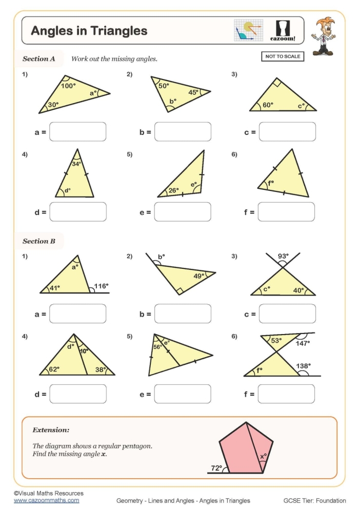 Triangle Angles worksheet for identifying right, acute, and obtuse triangles Students solving for unknown angles in a Triangle Angles worksheet for fifth graders