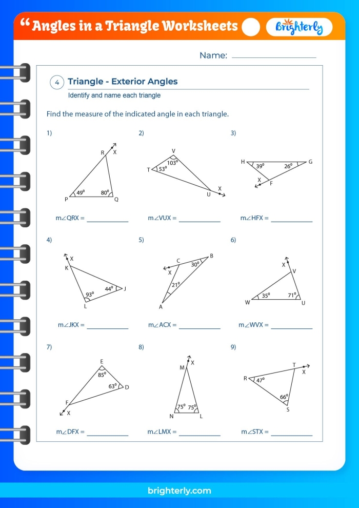 Numbers and Counting worksheet for Fifth Grade Worksheet featuring Triangle Angles where students calculate unknown angles and classify triangles. Geometry worksheet for fifth graders focusing on right, acute, and obtuse triangles.