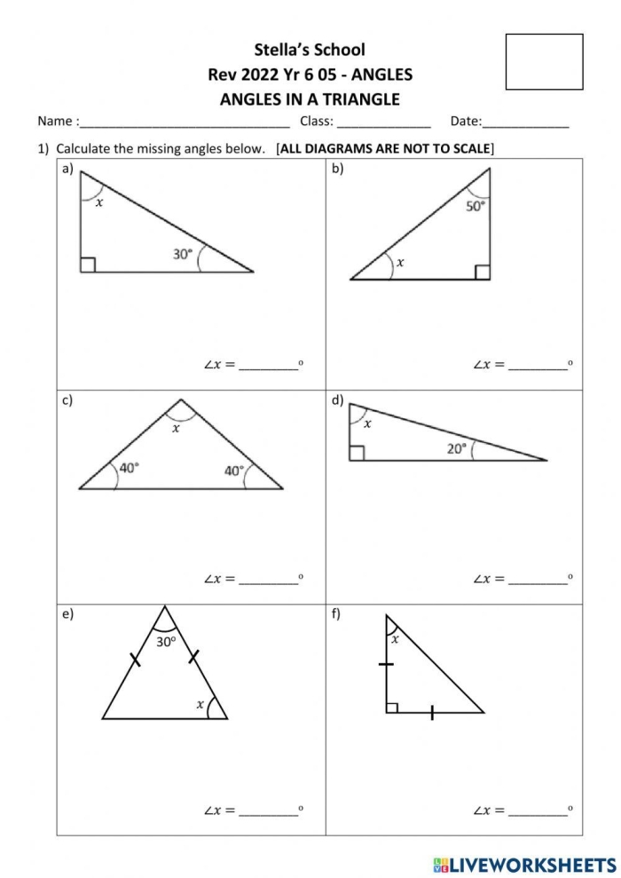 Triangle Angles worksheet for identifying triangle types: right, acute, or obtuse Worksheet for finding unknown angles in five triangles for fifth graders