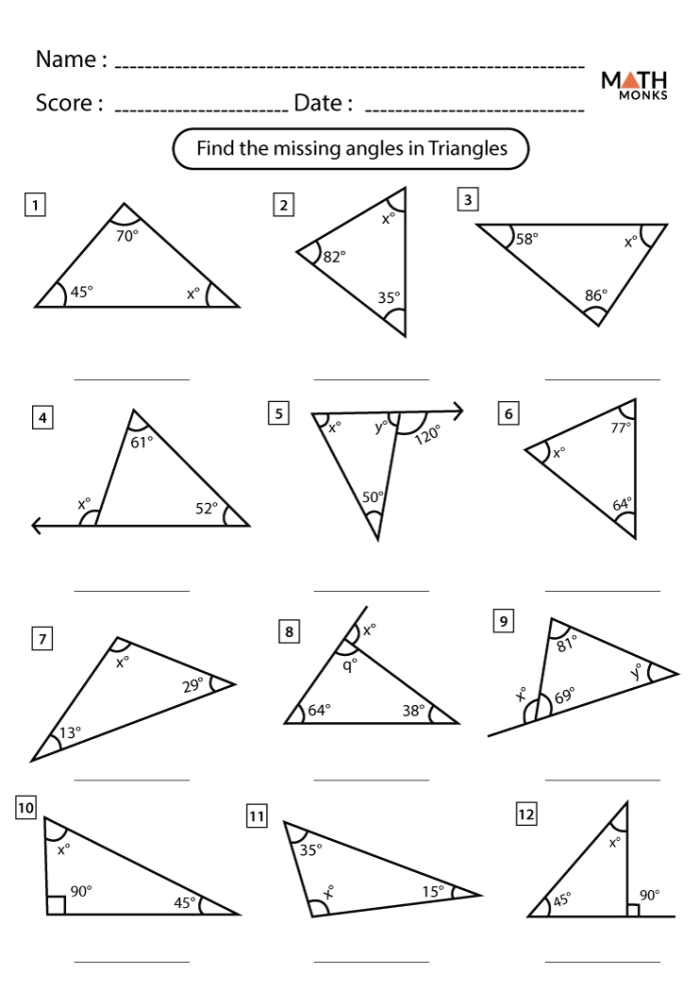 Geometry worksheet featuring triangle classifications: right, acute, and obtuse Children solving for unknown angles in a Triangle Angles worksheet for fifth graders