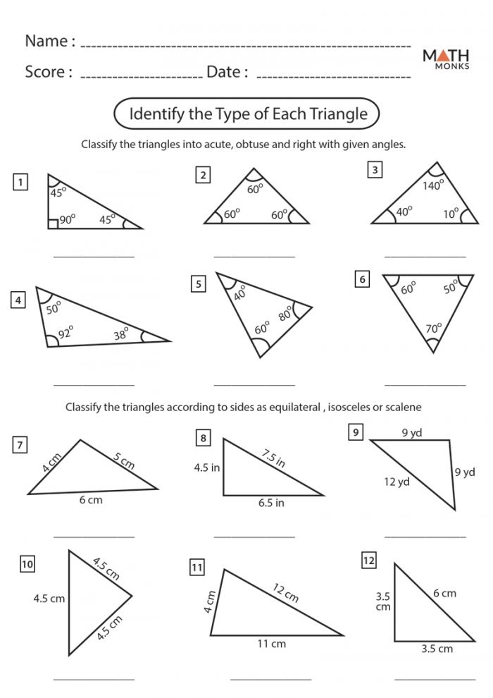 Numbers and Counting worksheet for Fifth Grade Worksheet featuring triangle angles where students calculate unknown angles and classify triangles as right, acute, or obtuse. Educational resource for fifth-grade geometry practice.