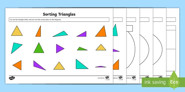 Fifth grade math worksheet showing triangles sorted by angle types including acute right and obtuse triangles for classification practice