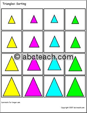 Fifth grade math worksheet showing various triangles labeled by angle type for students to classify as acute, right, or obtuse triangles