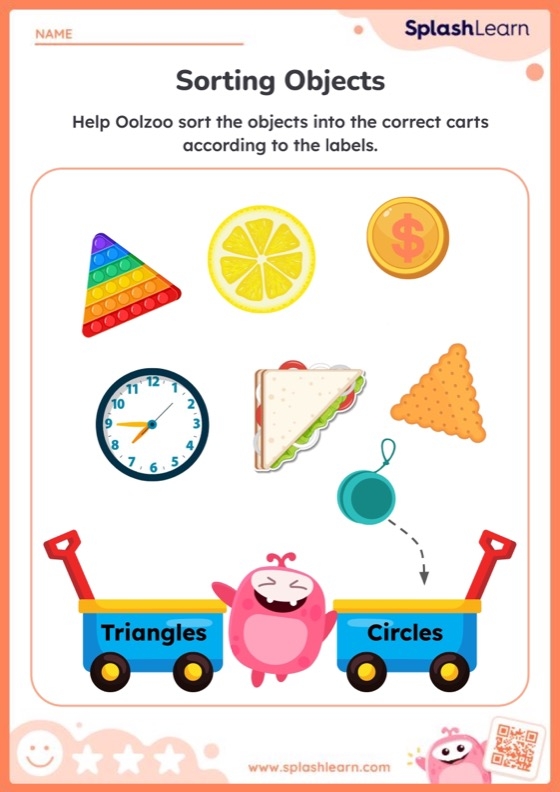 Fifth grade math worksheet showing various triangles sorted by acute, right, and obtuse angle types for classification practice