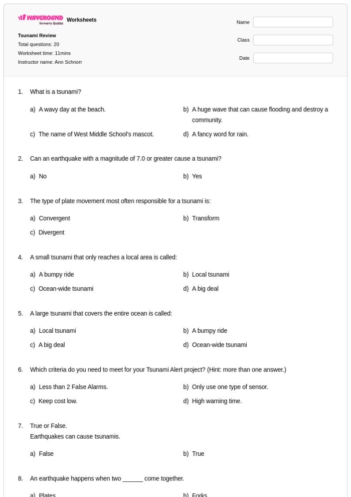 Tsunami Science worksheet for fifth graders exploring the dynamics of tsunamis