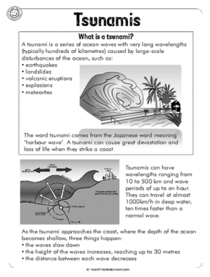 Fifth-grade students engaging with a tsunami science worksheet to explore the phenomenon of tsunamis
