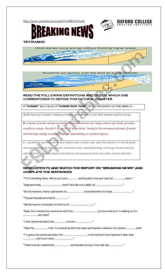 Worksheet on tsunami science for fifth graders featuring engaging activities