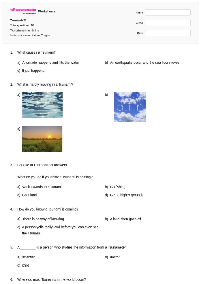 Worksheet featuring tsunami science concepts for fifth graders