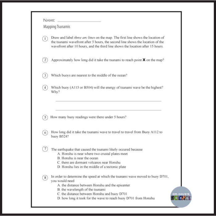 Worksheet illustrating tsunami science concepts for fifth graders