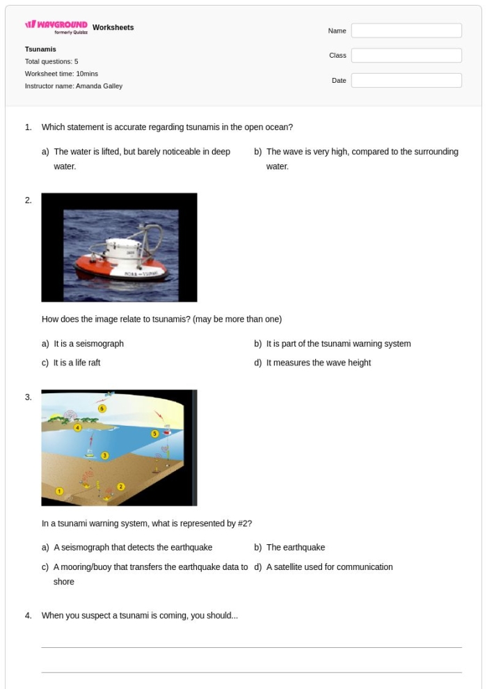 Tsunami Science worksheet designed for fifth graders to explore tsunami phenomena