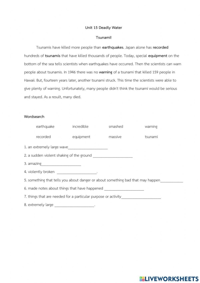 Tsunami Science worksheet designed for fifth graders to explore the science behind tsunamis