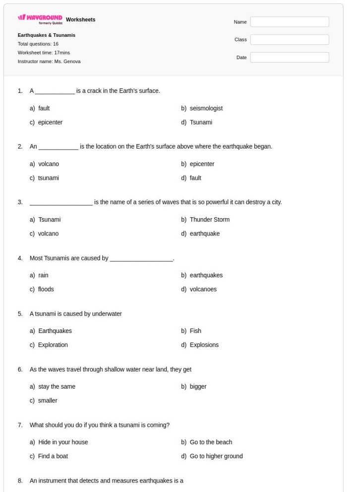 Tsunami Science worksheet for fifth graders exploring the science behind tsunamis