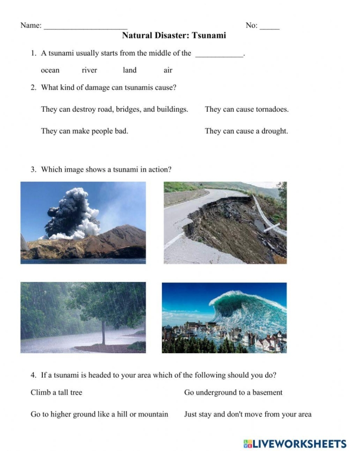 ALT text for a fifth-grade worksheet on tsunami science featuring educational graphics