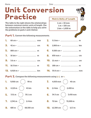 Worksheet for practicing unit conversions in measurement