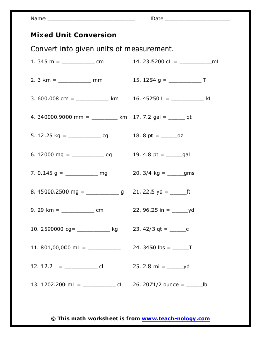 Unit Conversion Practice worksheet for fifth-grade algebra students featuring a metric conversion table