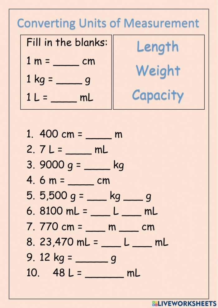 Worksheet for practicing unit conversion in geometry for fifth graders