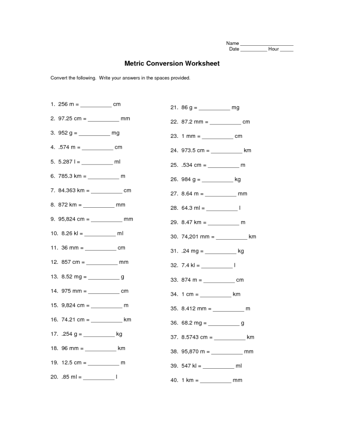 Worksheet for converting units of measurement in geometry for fifth graders
