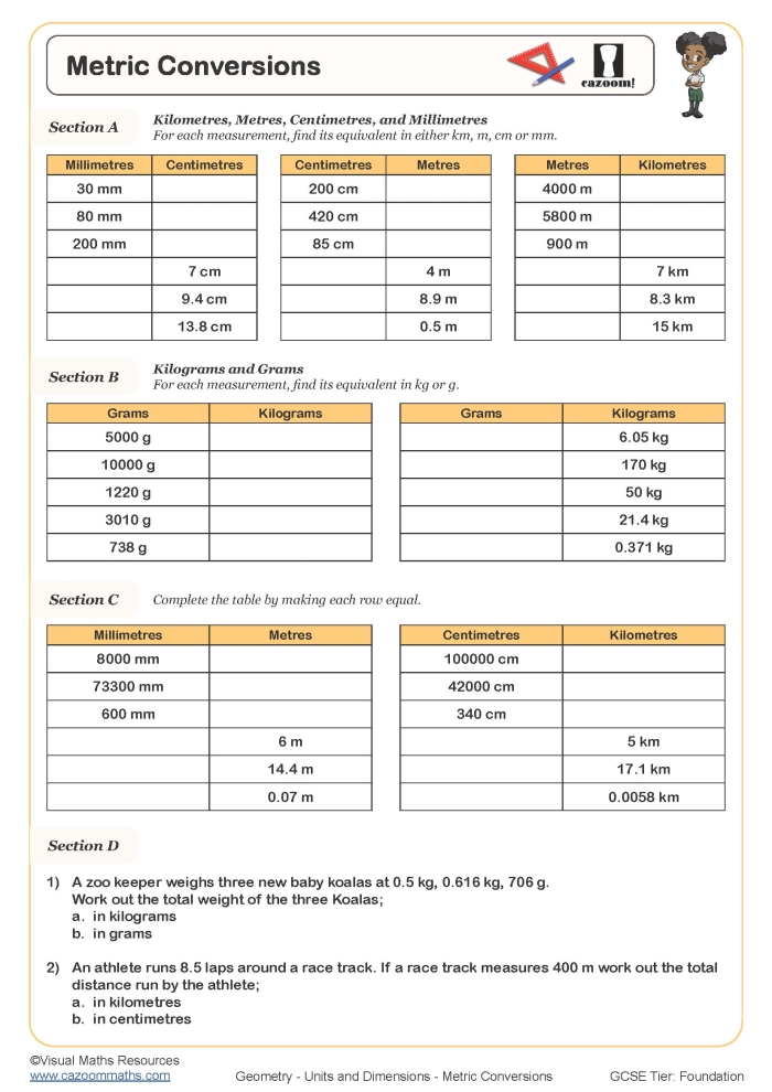 Worksheet for converting various units of measurement for fifth graders