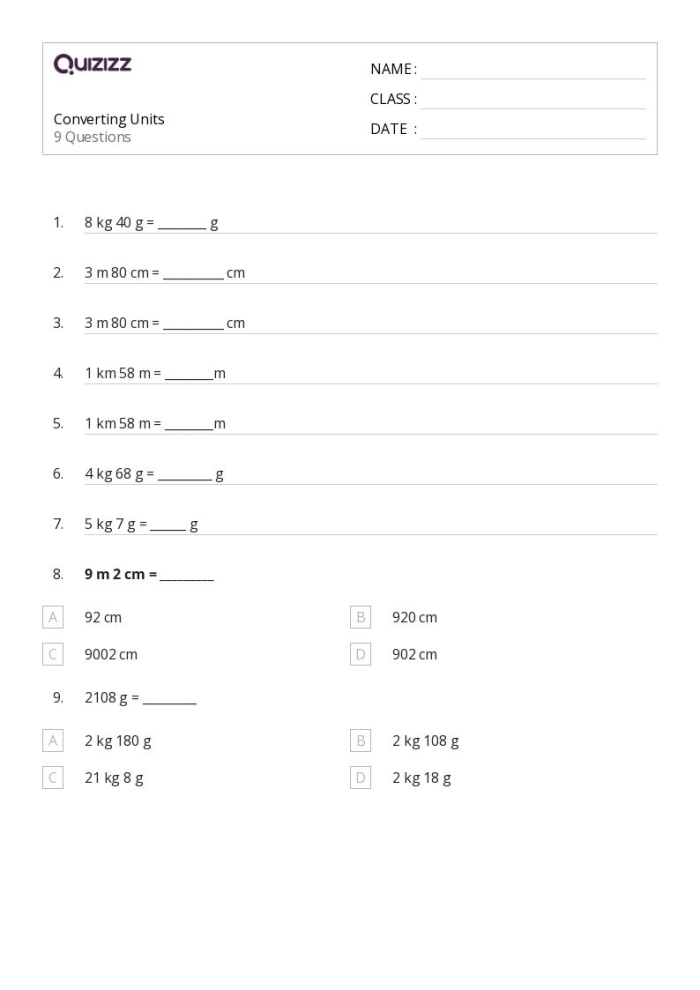 Worksheet for fifth graders on converting units of measurement in geometry
