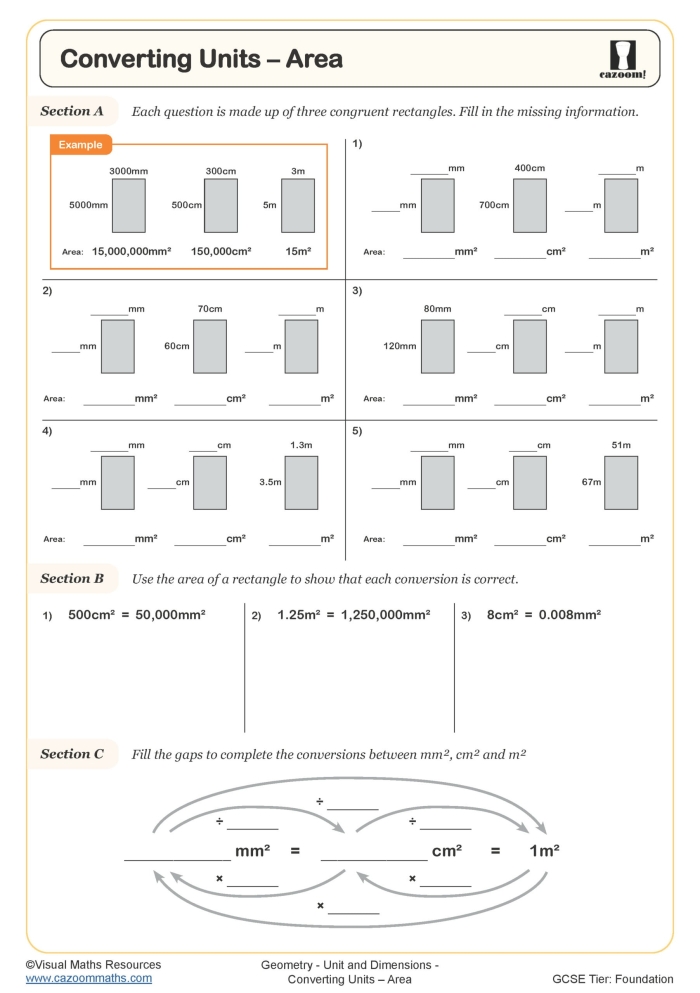 Worksheet for practicing unit conversions in geometry for fifth graders