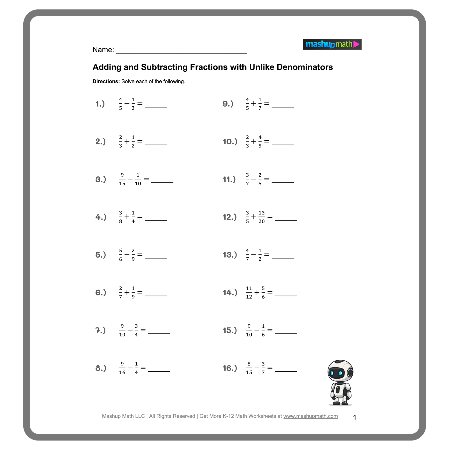 Worksheet for adding fractions with unlike denominators for fifth graders