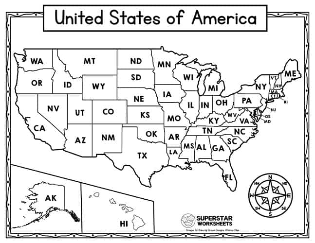 Blank Map of the United States worksheet for Fifth Grade