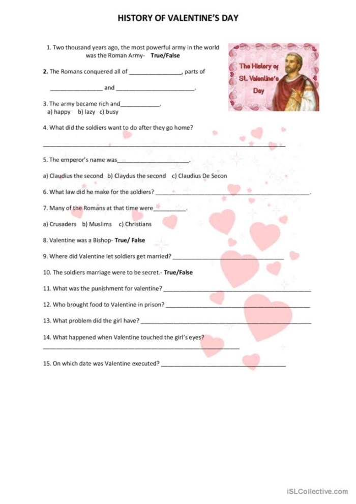 Worksheet showcasing the history of Valentine's Day for fifth graders