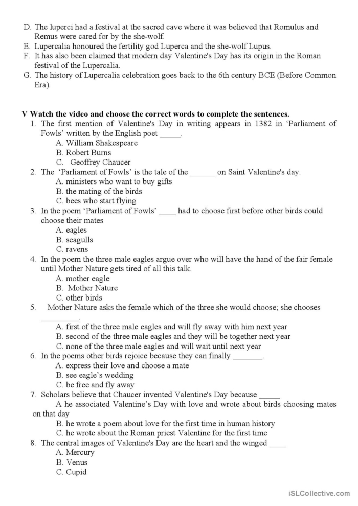 Worksheet exploring the origins and traditions of Valentine's Day for fifth graders