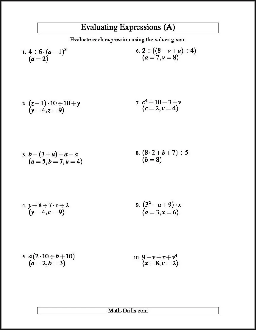 Worksheet for introducing variables in algebra to fifth graders Fifth grade algebra worksheet focusing on writing expressions with variables