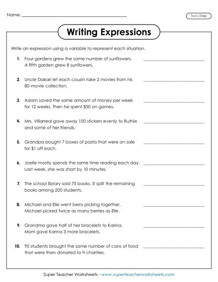 Algebra practice sheet for understanding variables for grade 5 Worksheet for fifth graders on writing expressions with variables