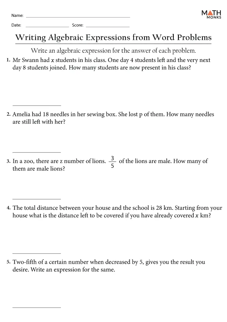 Algebra practice sheet for introducing variables to fifth-grade students Worksheet for fifth graders on writing expressions using variables