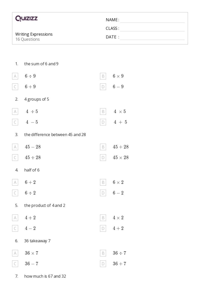 Algebra worksheet introducing variables for fifth-grade students Worksheet for fifth graders on writing expressions with variables