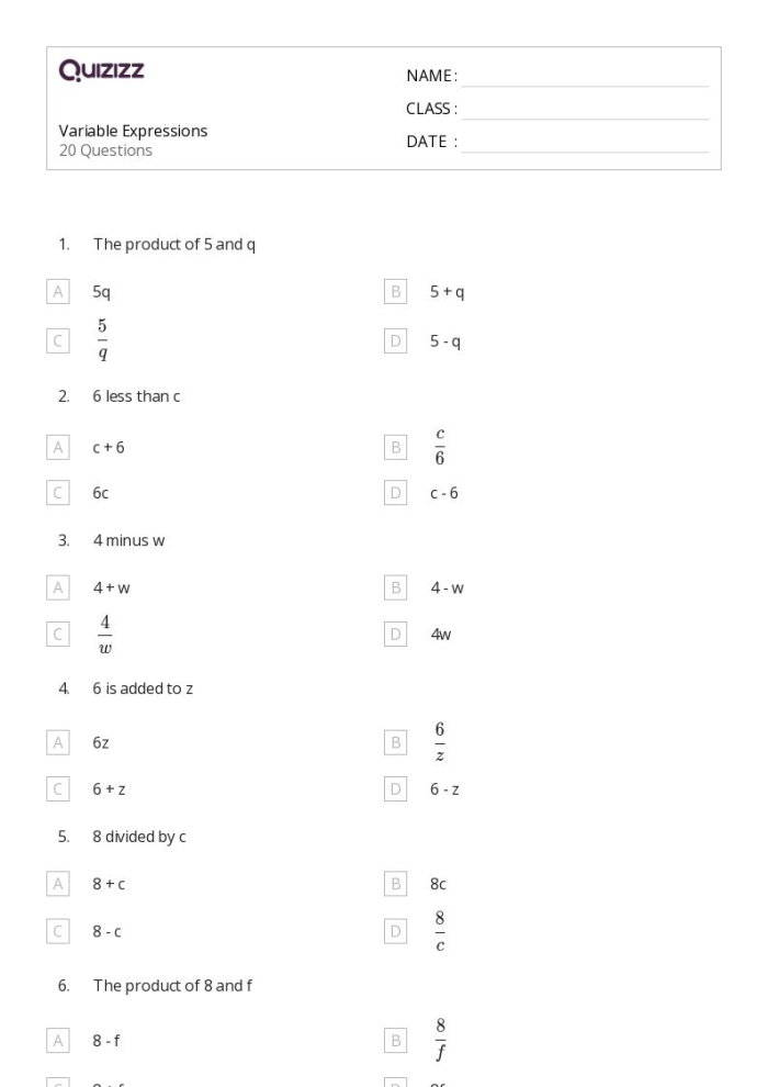 Writing Expressions with Variables: Worksheet 1 for Fifth Grade Worksheet featuring variables and expressions for fifth graders