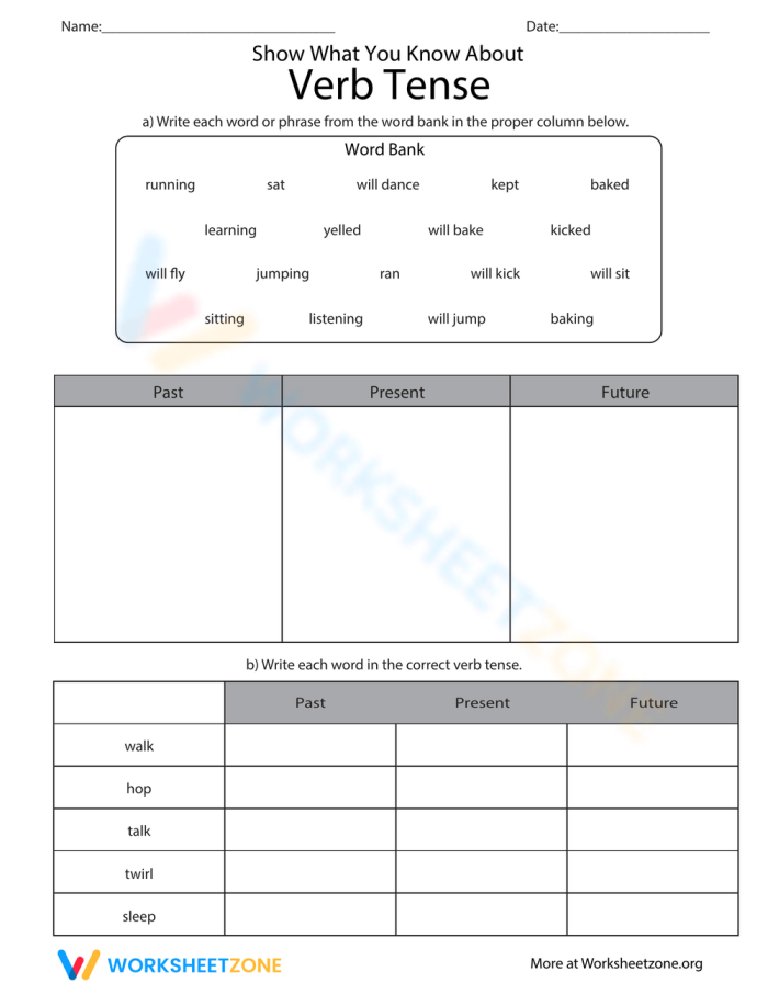 Show What You Know About Verb Tense worksheet for fifth grade students Worksheet for assessing fifth graders on verb tense comprehension