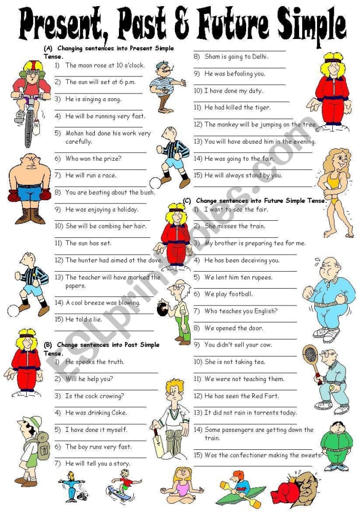Practice worksheet 14 for recognizing simple tense in written sentences Fifth grade grammar worksheet showing sentences for identifying past, present, and future verb tenses with answer spaces