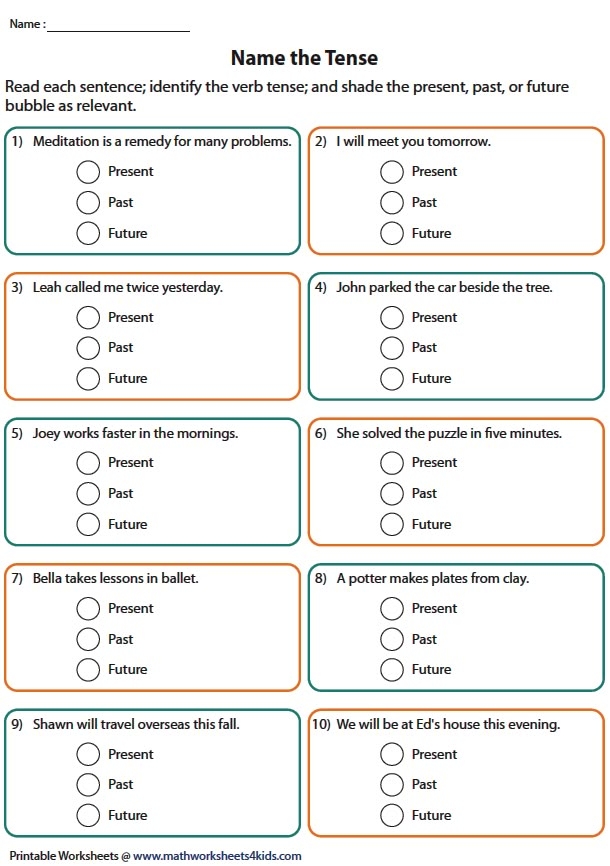 Practice worksheet for determining whether sentences use past, present, or future verb tense Fifth grade grammar worksheet exercise showing sentences for students to identify and categorize verb tenses as past, present, or future