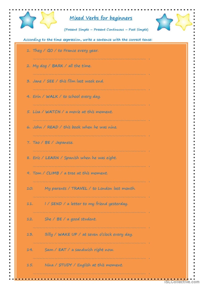 Show What You Know About Verb Tense Worksheet Sixth Page Example Fifth grade students completing a worksheet focused on identifying and using correct verb tenses