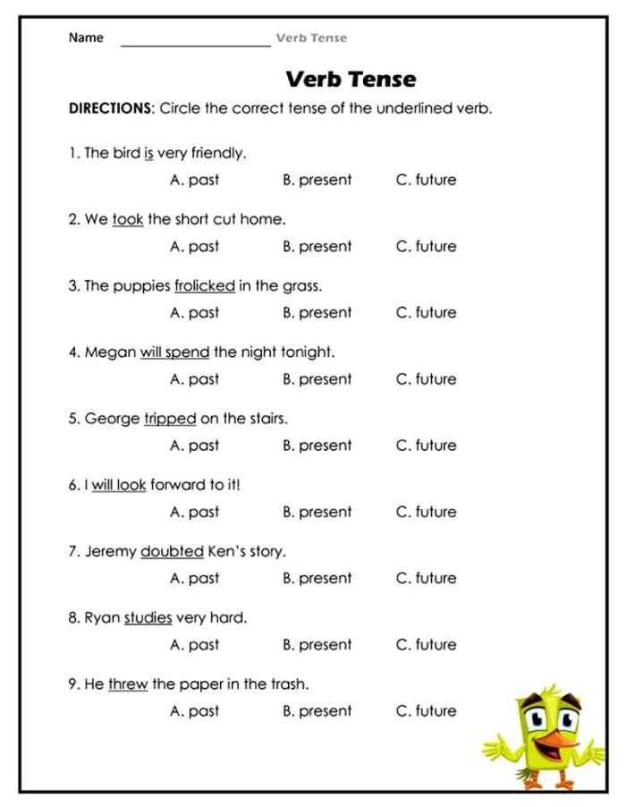 Show What You Know About Verb Tense Worksheet Number 14 A fifth grade student filling out a Show What You Know About Verb Tense grammar worksheet