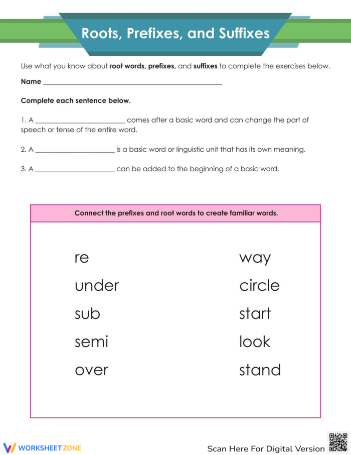 Practice worksheet for fifth graders on roots, prefixes, and suffixes to enhance vocabulary skills. Educational resource image for using affixes to understand word meanings.