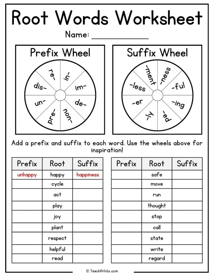 Worksheet for practicing roots, prefixes, and suffixes in fifth grade phonics. Practice Using Roots, Prefixes, and Suffixes worksheet for enhancing vocabulary skills.