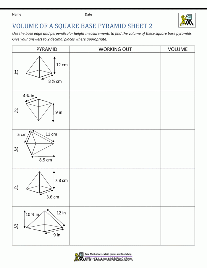 Fifth-grade worksheet for calculating the volume using base and height of various objects