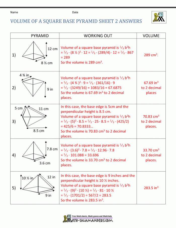 Calculating the volume of various shapes using base and height in a fifth-grade math worksheet