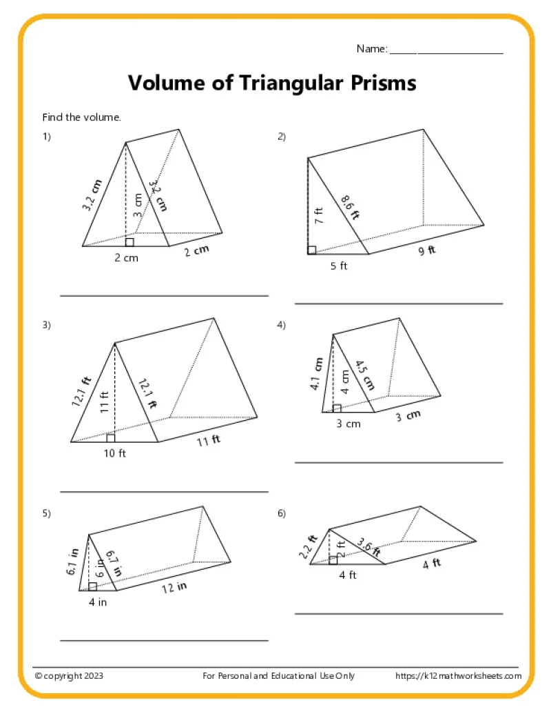 Fifth grade math worksheet focused on calculating the volume of 3D objects using base and height