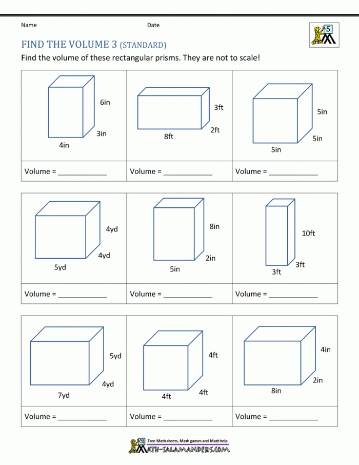 Worksheet for calculating volume based on base and height of various shapes