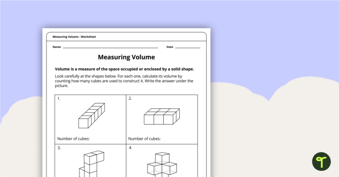 Worksheet featuring activities on creating shapes and calculating volume for fifth graders
