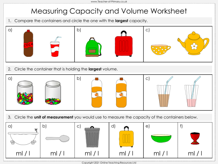 Fifth grade students comparing container volumes and measuring liquid capacity in an Earth and Space Science worksheet activity