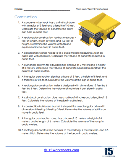Fifth grade math worksheet featuring five geometry word problems focused on calculating volume