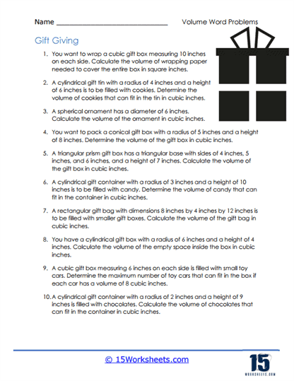 Fifth grade volume word problems worksheet exercise 3 with five practice questions