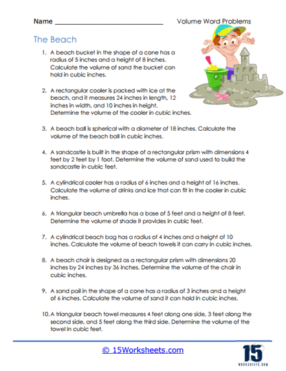 Fifth grade volume and word problems worksheet with five practice problems for calculating rectangular prism volumes