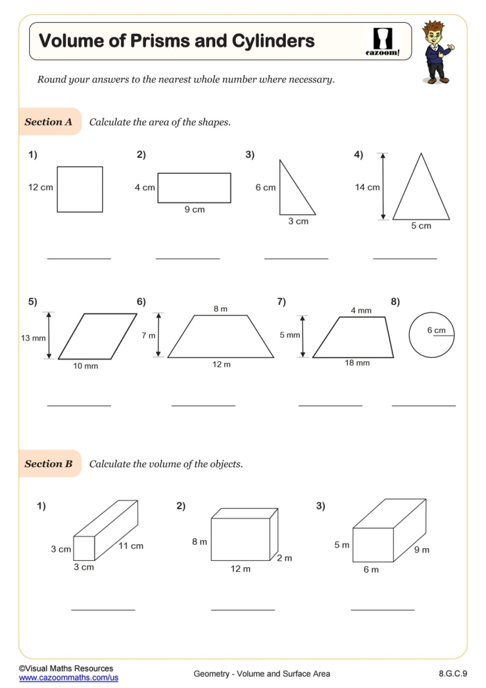 Fifth grade math worksheet showing five word problems about calculating volume with rectangular prisms and containers